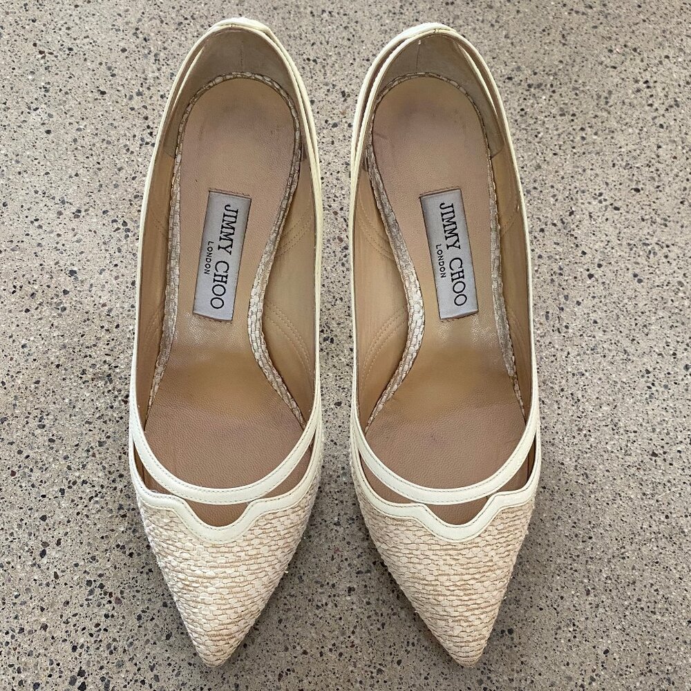 Jimmy Choo "Romy 85" Linen-Colored Heels (Size 38.5 EU)